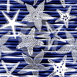 Seamless pattern with starfish on blue watercolor background. Marine background. Perfect for design templates, wallpaper, wrapping