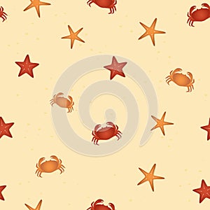 Seamless pattern starfish and crabs on the beach