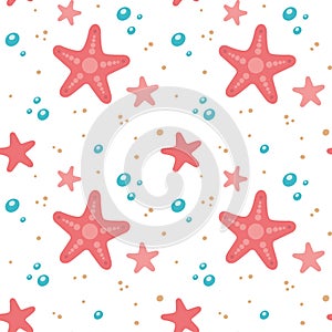 Seamless pattern with starfish, sand, water drops is in doodle style. Vector kids illustration. Flat design.