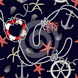 Seamless pattern with starfishes, anchors, shells and lifebuoys. Vector.