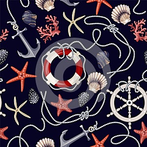 Seamless pattern with starfishes, anchors, shells and lifebuoys. Vector.