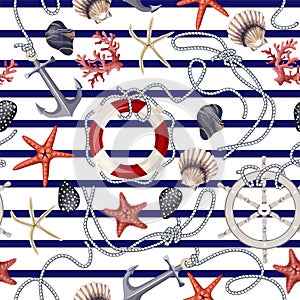 Seamless pattern with starfishes, anchors, shells and lifebuoys. Vector.