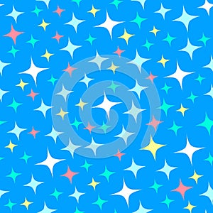 Seamless pattern with starlight sparkles, twinkling stars. Shiny blue background. Illustration of night starry sky. Cartoon style