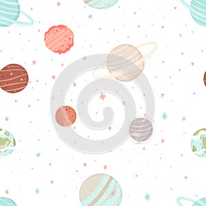 Seamless pattern with stars, constellations, planets and hand drawn elements