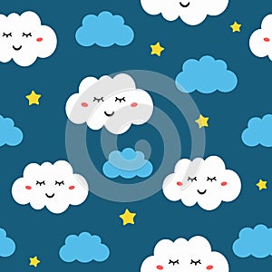 Seamless pattern with stars and cute sleeping clouds. Pajama print.