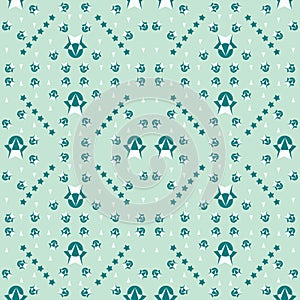 Seamless pattern of stars and geometric shapes in white and dark teal green colors on greenish-blue colored background.