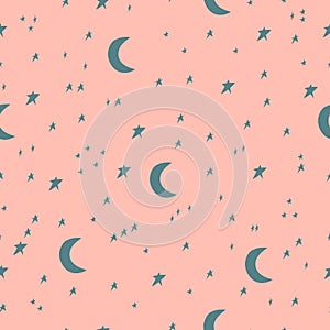 Seamless pattern with stars and moon. Irregular Hand Drawn Simple Starry Sky Print for fabric, textile, apparel, wrapping paper.