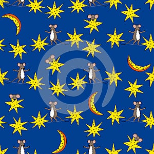 Seamless pattern with stars, moon and mice