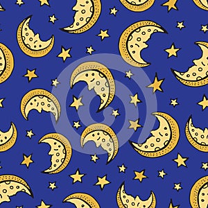 Seamless pattern with stars and the moon, star pattern, moon and stars decorations. Moon is sleeping. Vector