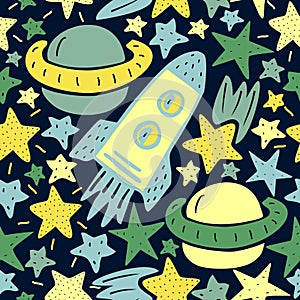 Seamless pattern with stars, rocket, planet in the space.