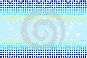 Seamless pattern of stars shapes in blue, white, yellow colors on light sky blue background, pastel color. Flat design vector illu