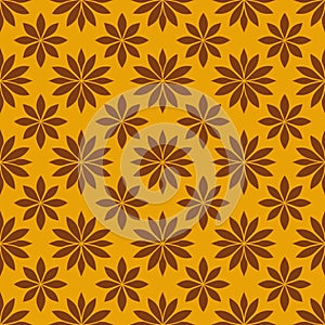 A seamless pattern of starshaped flowers, symmetrical geometric shapes, in earthy brown tones on an orange background photo