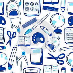 Seamless pattern of stationary items stuff for study at school isolated on white background. pencil, calculator, book, ruler,