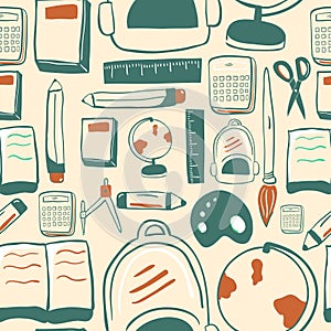 Seamless pattern of stationary items stuff for study at school isolated on white background. pencil, calculator, book, ruler,