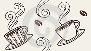 Seamless pattern of steaming coffee cups with scattered coffee beans, vector design Generative AI