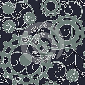 Seamless pattern with steampunk elements and plants . Technique and nature, Mechanisms and botany. Vector background