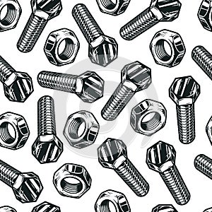 Seamless pattern of steel bolts and nuts