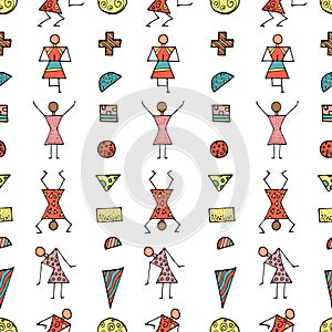 Seamless pattern of stick figures do yoga, gymnastics, sports. Includes small geometric elements. Healthy lifestyle