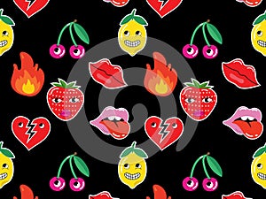 Seamless pattern with stickers with funny cartoon characters. Big set of comic elements in trendy retro cartoon style.