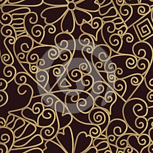 Seamless pattern with stilized golden wrought iron grille on dark brown background. Print for fabric, wrapping design photo