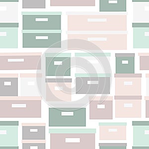 Seamless pattern storage boxes. Stacked cardboard storage boxes with closed lid background in pastel colors. Vector illustration