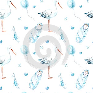 Seamless pattern of a stork,baby boy,toys and air balloon.