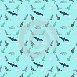 Seamless pattern with storks and clouds on a blue background