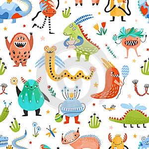 Seamless pattern with strange charming fantastic monsters, magical fairytale creatures, funny mutants on white