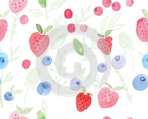 Seamless Pattern Of Strawberries And Blueberries With Green Leaves On A White Background