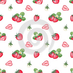 Seamless pattern with strawberries, leaves and flowers on a white background. Watercolor illustration. Print on fabric