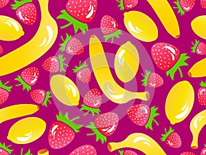 Seamless pattern with strawberries, lemons and bananas in 3d style. Summer fruit mix with lemon, strawberry and banana. Design for