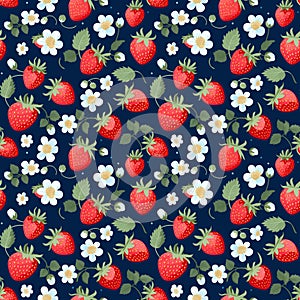 Seamless pattern with strawberries and white flowers on blue background.