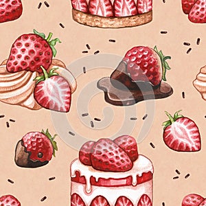 Seamless pattern with strawberry cake