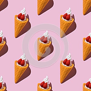 Seamless pattern of strawberry ice cream cups