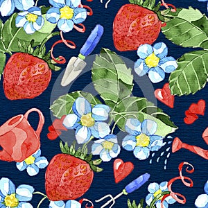 Seamless pattern with strawberry plant and berry, gardening tool, flower on blue