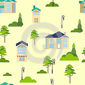 Seamless pattern. Street of houses and trees. Infinite city. In minimalist style. Flat isometric