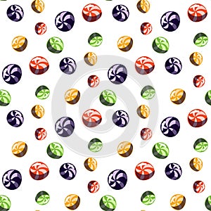 Seamless pattern with striped balls, colorful caramel candies. Vector cartoon background with sweet jelly beans with a