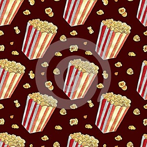Seamless pattern with striped cardboard carton box with popcorn and isolated corns on black background. Watercolor hand drawn