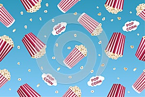 Seamless pattern with striped popcorn box, popcorn grains. Movie junk food. Vector illustration