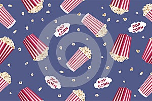 Seamless pattern with striped popcorn box, popcorn grains on a blue background. Movie junk food. Vector illustration