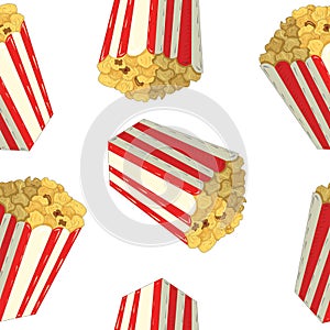 Seamless pattern with striped red and white cardboard boxes of popcorn on white background. Vector illustration in cartoon style.