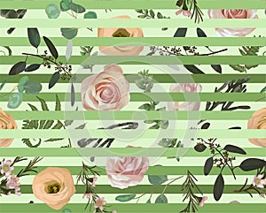 Seamless pattern, stripes background, texture print vector. Pink rose flowers, eustoma cream, brunia, green fern, eucalyptus,