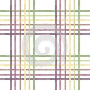 Seamless pattern with stripes, in a cage of purple, brown, blue, crimson, yellow and green colors, hand-drawn on a white