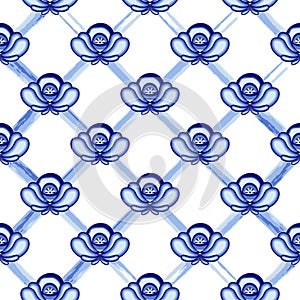 Seamless pattern in style Gzhel. A lattice from blue watercolor lines with flowers. Stylization.
