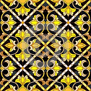 Seamless illustration in the style of a stained glass window with abstract golden floral ornament on dark background