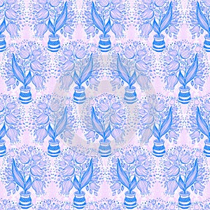 Seamless pattern with stylize drawing of tulips in a pot.