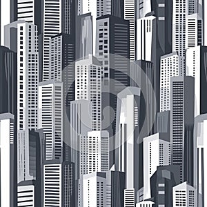 Seamless pattern of a stylized black and white urban cityscape