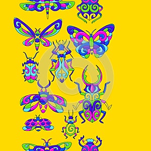 Seamless pattern with stylized bugs and insects. Mexican ceramic cute naive art.