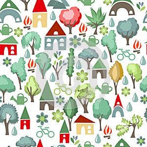 Seamless pattern with stylized cue houses and trees. Pretty endless texture for your design