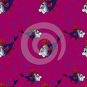 Seamless pattern - stylized fish in the sea or aquarium, surrounded by air bubbles - graphics.